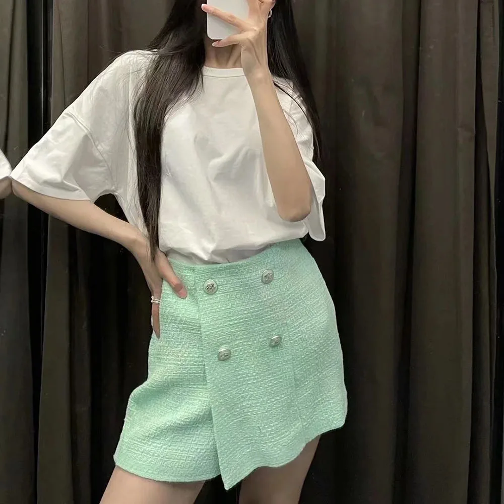 

BBWM Chic Button Decoration Mint Green Tweed Hakama Women Fashion Casual Plaid Skirt Elegant Ladies A Line Mini Culottes Casual
