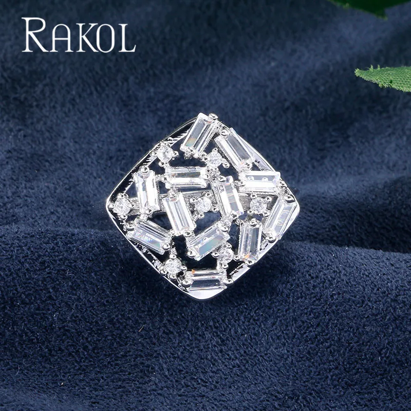 RAKOL Punk Shiny Baguette CZ Zirconia Stone Cluster Luxury White Gold Color Rings For Women Ladies Crystal Brand Finger Jewelry | Украшения