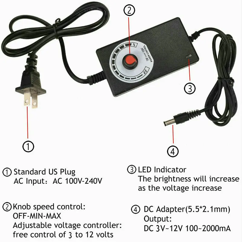 Gdstime US /EU /UK розетки AC 100V 240V переменного тока в постоянный 3V 4V 12V 2A Регулируемый