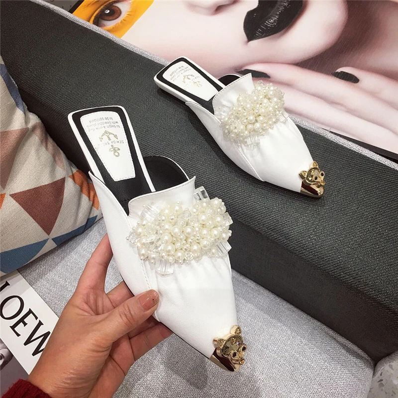Women Mules Slippers Flat Heel Sandals Metal Pointed Toe Crystal String Bead Luxury Woman Ladies Outdoor Prom Slides | Обувь