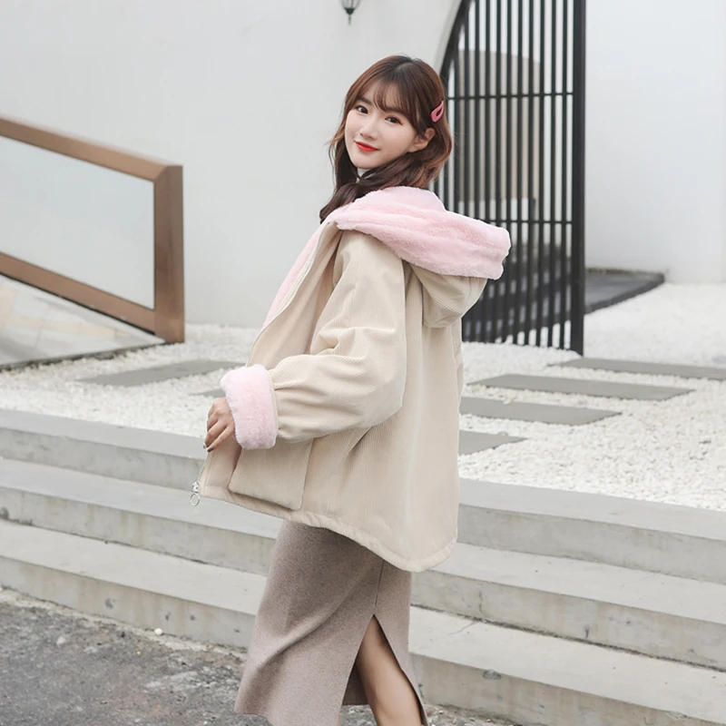 

Lucyever Winter Coat Women 2020 Fashion Loose Jacket Women Cotton Padded Parka Outwear Furry Hooded Beige Jackets Female Coats