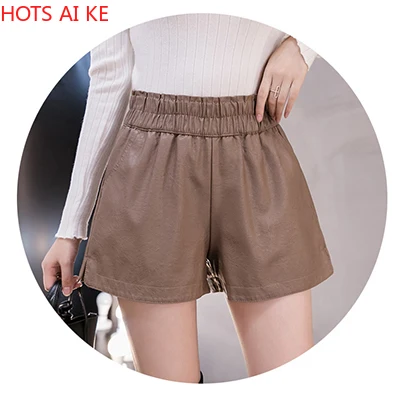 

shintimes Elastic High Waist Wide Leg Biker Shorts Autumn PU Leather Shorts Women Plus Size Femme Casual Ladies Shorts Black