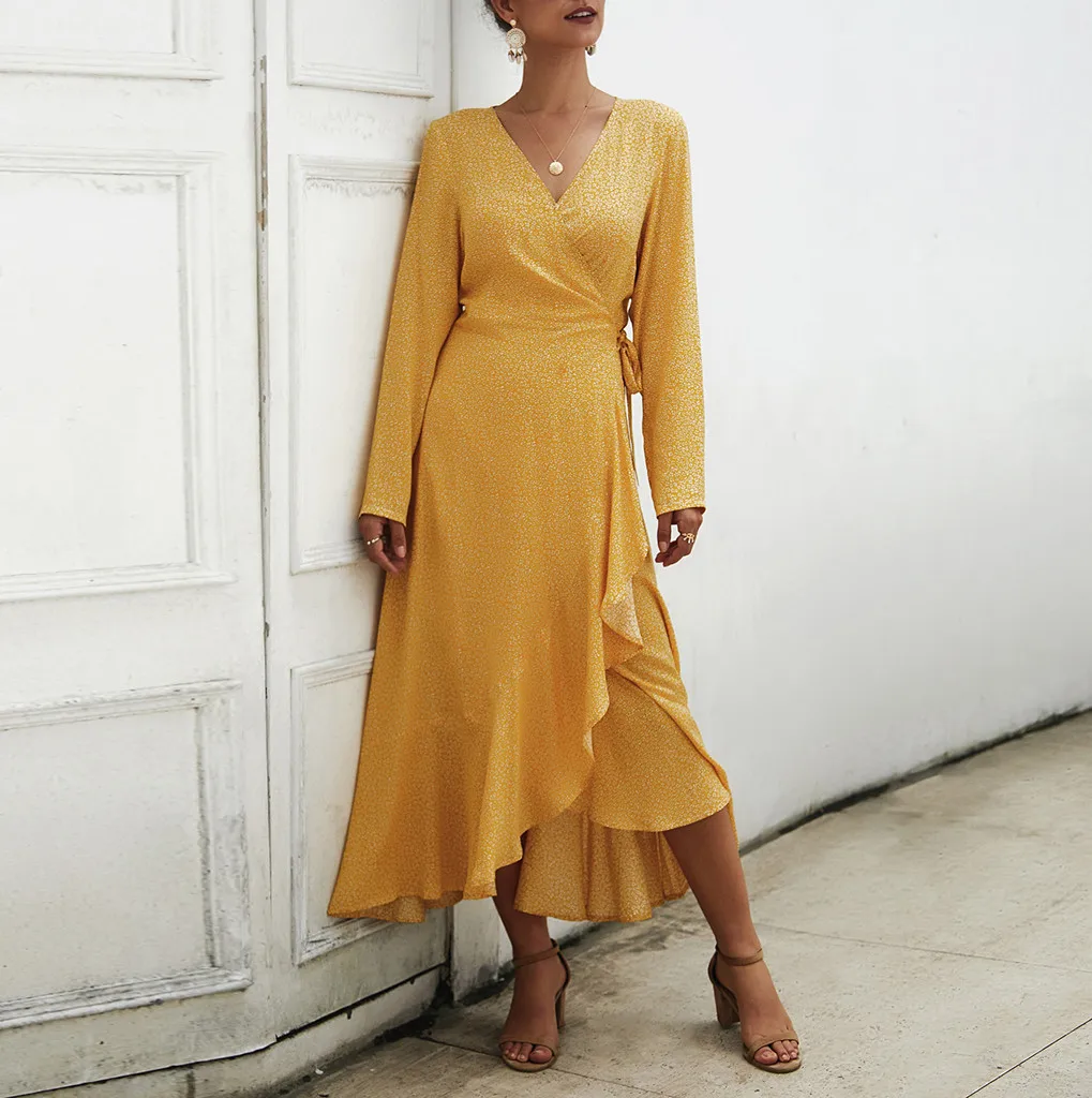 Женский сарафан в стиле бохо Женское Платье макси с длинным рукавом и цветочным