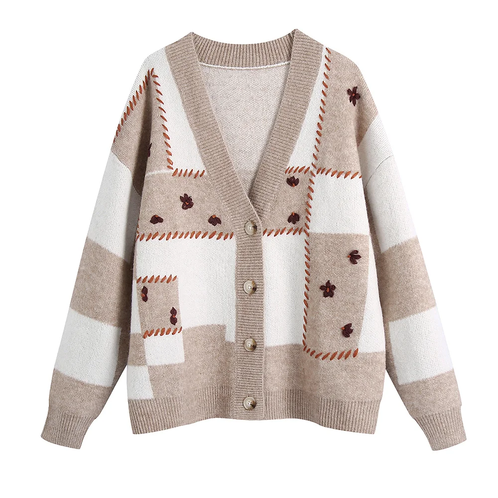 

Women Winter Sweaters 2022 Color Block Casual Knitted Cardigan Sweater V Neck Long Sleeve Single Breasted Oversized Cardigans