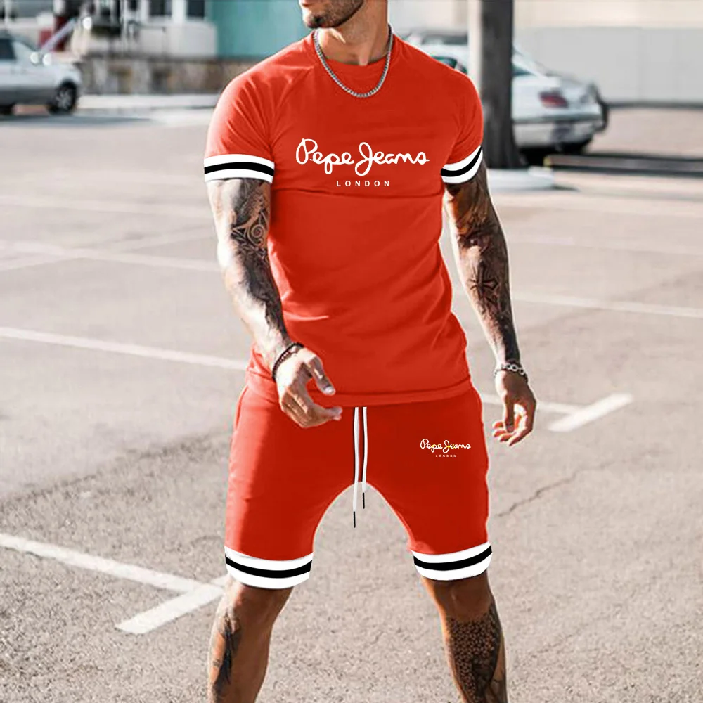

New 2021 leisure sports 2-piece men's sportswear T-shirt shorts suit two-piece beach men's shorts suit clothing summer