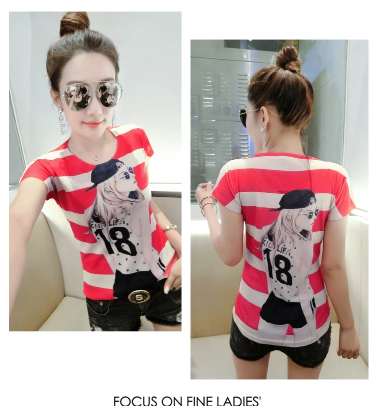 

Houthion Cartoon Print Sexy Woman T-shirt Version Slim Short-sleeved Women's Top Cotton Polyester Fashion Casual New Korean
