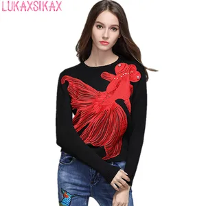 Модный дизайнерский женский свитер LUKAXSIKAX, новинка сезона осень-зима 2019, высококачественный подиумный свитер с красной золотой рыбкой и вышивкой из бисера