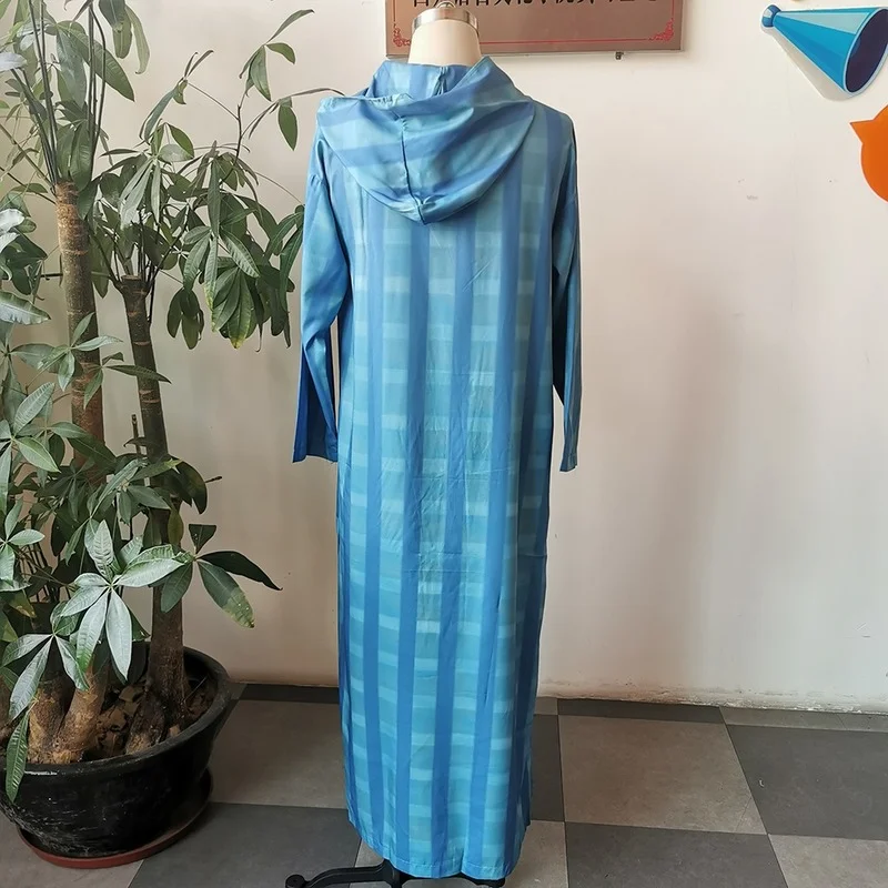 Traditional Striped Men's Long Sleeve Hooded Robe Muslim Oversized Long Shirt Mens Casual Shirts Plus Size Male Clothes 2021