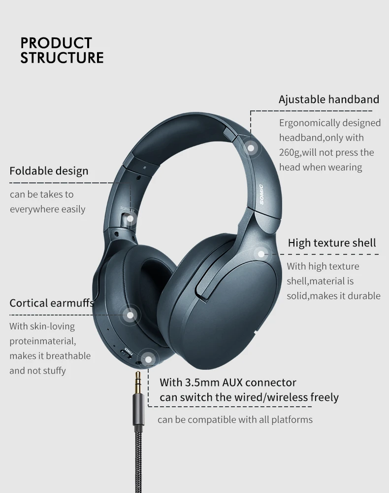 Somic SC2000BT высокое качество музыка стерео 5,0 Bluetooth беспроводной микрофон гарнитура+ проводной 3,5 мм аудио кабель Bluetooth гарнитура