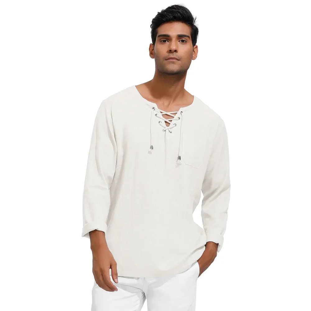 Мужские Рубашки Топы на шнуровке с вырезом вискоза и лен рубашка модная стильная