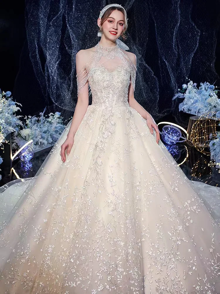 

New Champagne Wedding Dresses 2022 Sexy Sequin Ball Gown Sequins Lace Embroidery Tassel Beading Bridal Gowns Plus Size