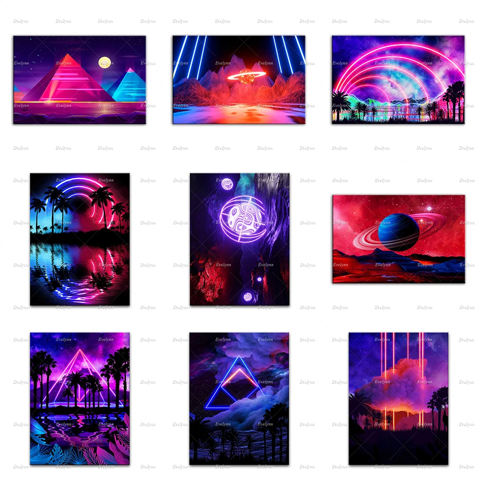 

Neon Palms Landscape: Pyramid [Synthwave] Poster—Neon Space Landscape: Saturn —Sphere — Arc —Home Decor Canvas Wall Art Prints