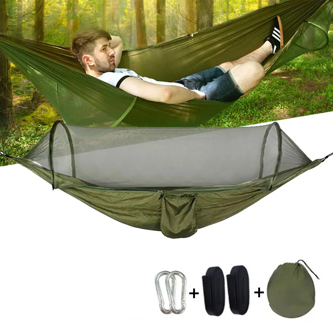 

1-2 Person Portable Outdoor Camping Hammock with Mosquito Net High Strength Parachute Fabric Hanging Bed Hunting Sleeping Swing