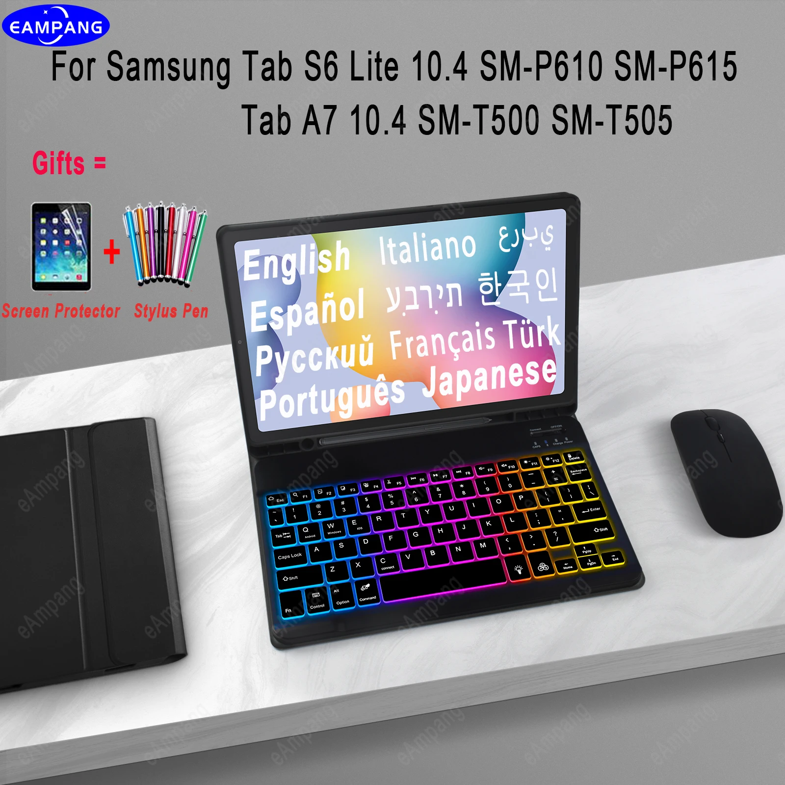 

Чехол для клавиатуры с подсветкой, мышь для Samsung Galaxy Tab A7 S6 Lite Tab S7 S6 S5e A6 10,1 2016 2019 A 10,5, арабский, русский, испанский
