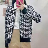new arrival autunn winter knitted houndstooth women cardigan sweater o neck long sleeve female jacket coat zipper loose blouse