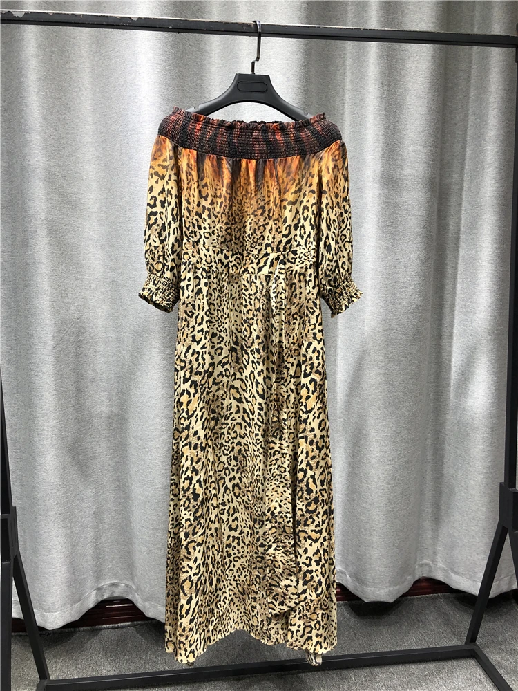 

Women Dresses New Summer Products Fashion Pure Silk One Line Collar Short Sleeve Elastic Neckline Waist Cuff Mid Length Skirt