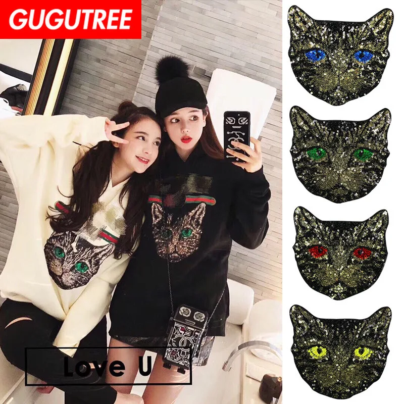 GUGUTREE вышивка блёстки Большие кошки патч нашивки в виде животных значки