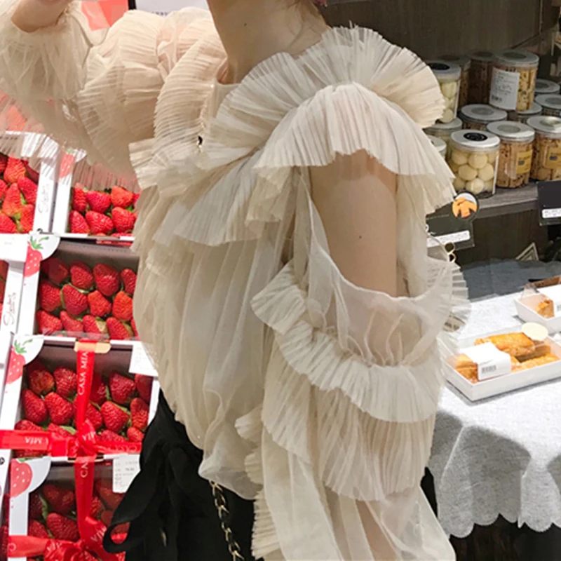 Рубашка RealShe женская летняя с о-образным вырезом длинным рукавом и оборками |