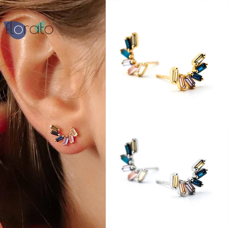 

925 Sterling Silver Fashion Square Colorful CZ Zircon Stud Earrings For Women Piercing Earring Jewelry Cake Gift pendientes A50