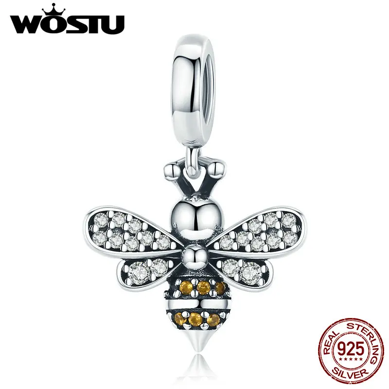 WOSTU, 925 пробы, серебро,, пчела, кристалл, CZ, цепочка, бисер, подвески, подходит для браслета, ожерелья,, модные ювелирные изделия, вечерние, подарок CQC821