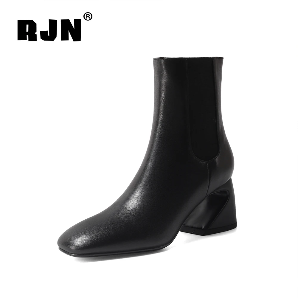 

Winter Warm Ankle Boots Woman Black Genuine Leather Elastic Fabric Patchwork Round Toe High Hoof Heel Short Boots RO419