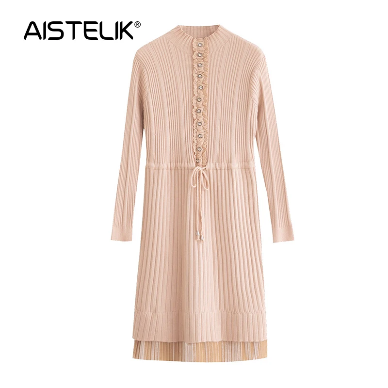 

AISTELIK 2020 autumn and winter new femininity Korean women's pullover long-sleeved semi-high collar slim medium-length sweater