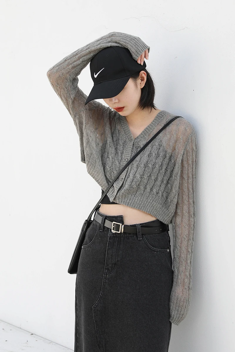 

Elegant Slightly Transparent Short Knitted Sweater V-neck Sexy Knitwear Mohair Thin Cardigan for Women Solid Colour Simple Top
