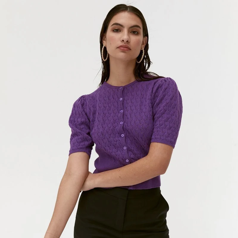 

Woman Hollow Out Half Sleeve Button Thin Cardigan Cropped Sweater