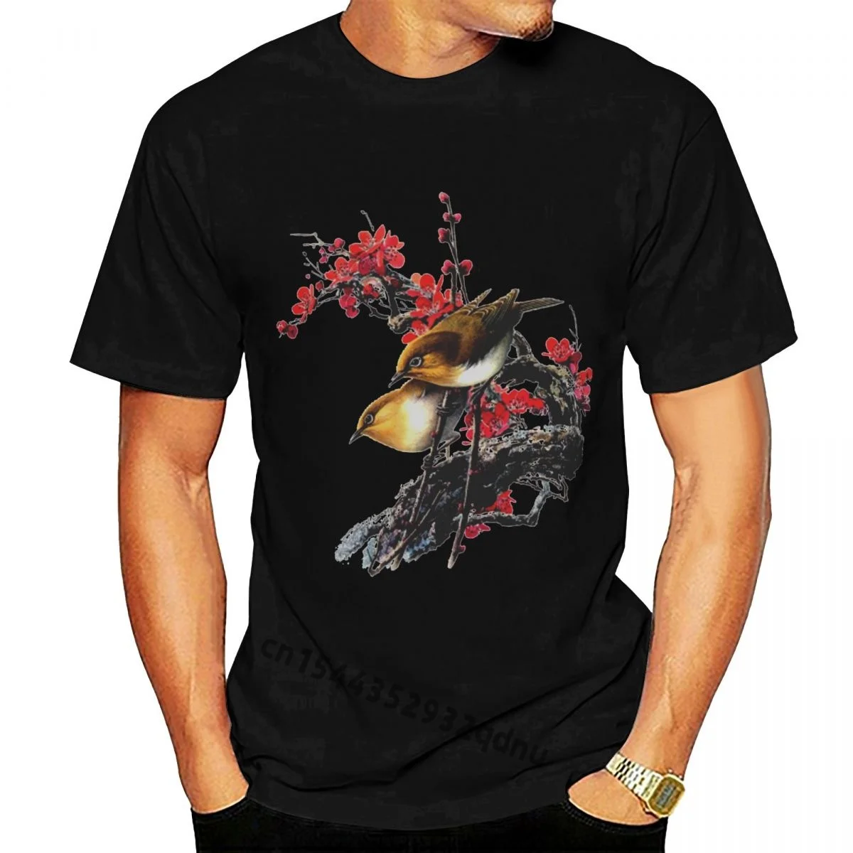 

Casual Plus Size T-shirts Hip Hop Style Tops Tee S-6xl Men Birds Sing And Spring Blossoms T-shirt