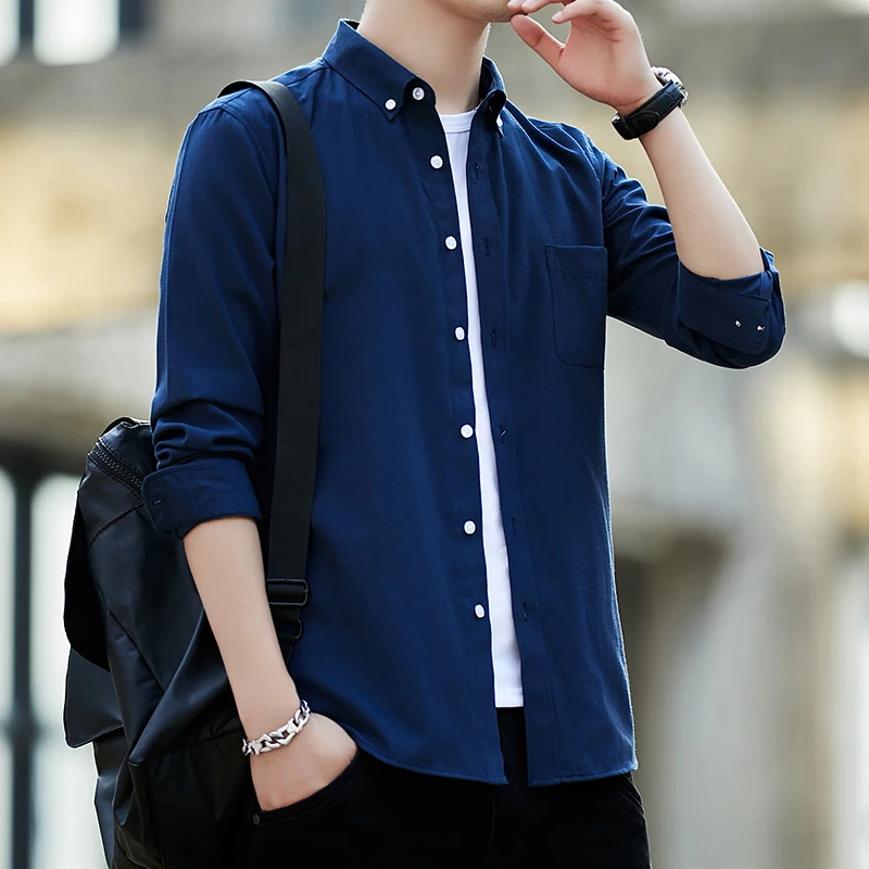 

2021 Men's Long Sleeve Oxford Casual Shirt Front Patch Chest Pocket Regular-fit Button-down Collar Thick Work Shirts
