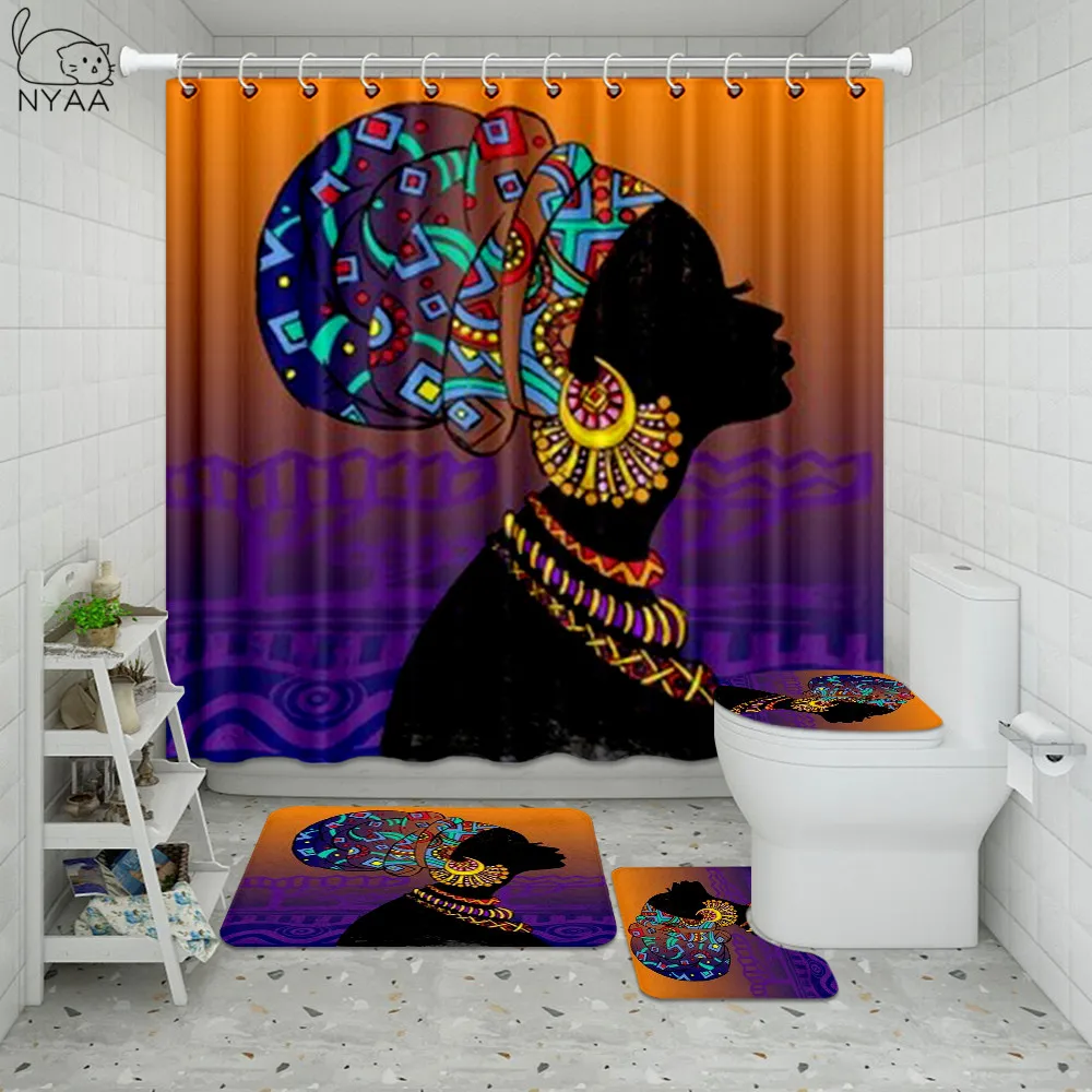 African American Woman Shower Curtain Afro Hairstyle Black Girl Bathroom Waterproof Polyester Fabric for Bathtub Decor 12 Hooks | Дом и сад