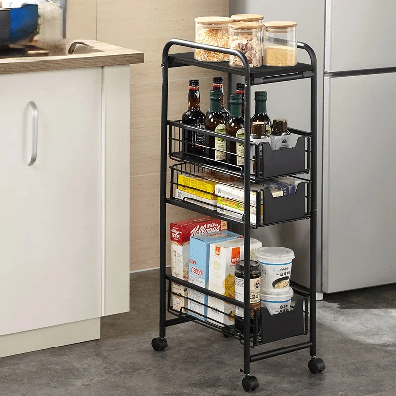 

1 Pcs Kitchen Accessories Storage Shelf Clamp Gap Bathroom Floor Multi-layer Pulley Movable Side Narrow Slit Trolley