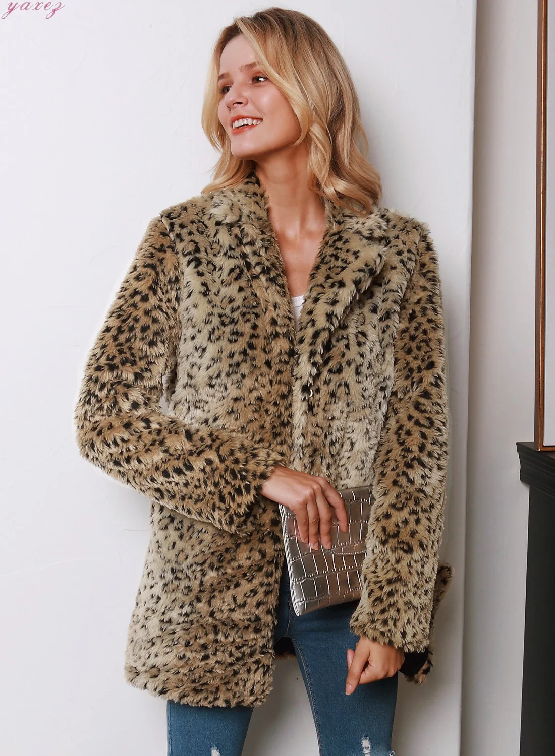 

Fashion Mid-length Turn-down Collar Leopard Print Long Sleeve Autumn Winter Jackets Women Faux Fur Warm Jacket Female Coat Top