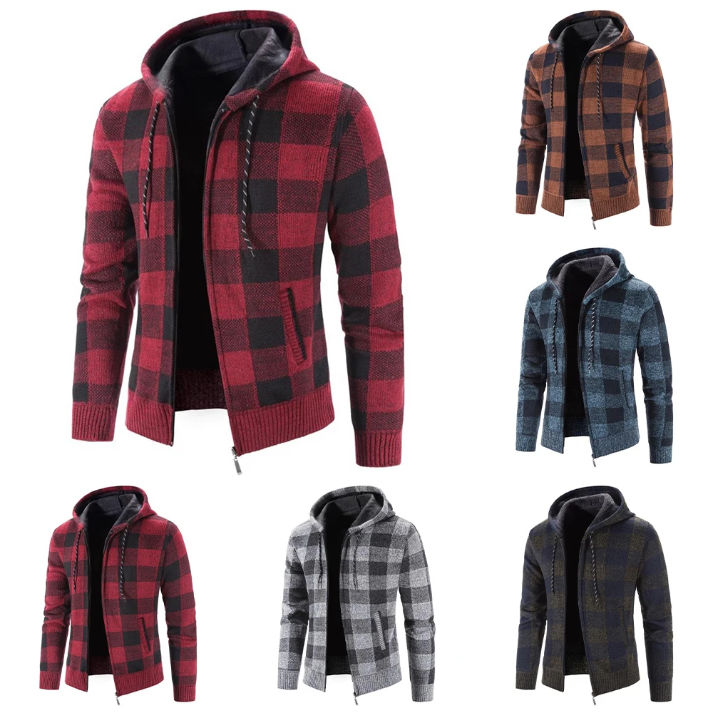 

Check Printed Sweaters Mens Knitted Sweater Cardigan Zip Up Hoody Coat Jacket Thicken Tops Knitwear Winter Warm Top