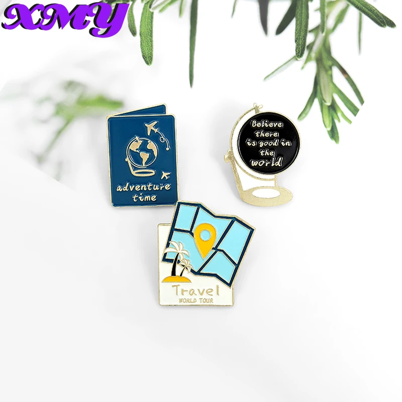 

Traveller Enamel Pins Custom Map Globe Passport Brooch Lapel Pin Shirt Bag Badge World Adventure Tour Jewelry Gift for Friends