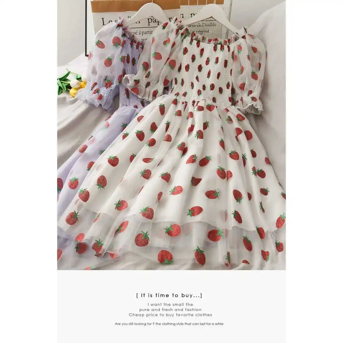 

Dress 2021 summer super fairy sequin strawberry print high waist mid length mesh skirt women's pleated one shoulder dress trend