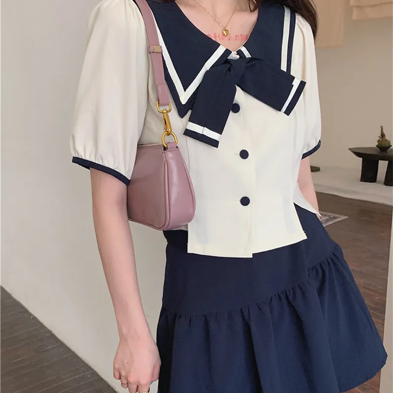 

Женский костюм с матросским воротником Alien Kitty, шифоновый топ с коротким рукавом, Повседневная модная юбка с высокой талией, лето 2021