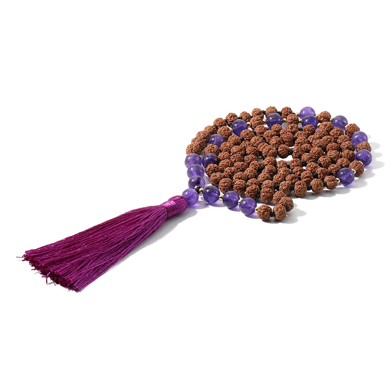 

Long Rudraksha Necklace for Women Men With 108 Mala Beaded Femmel Buddhist Prayer Meditation Purple Tassel Necklace