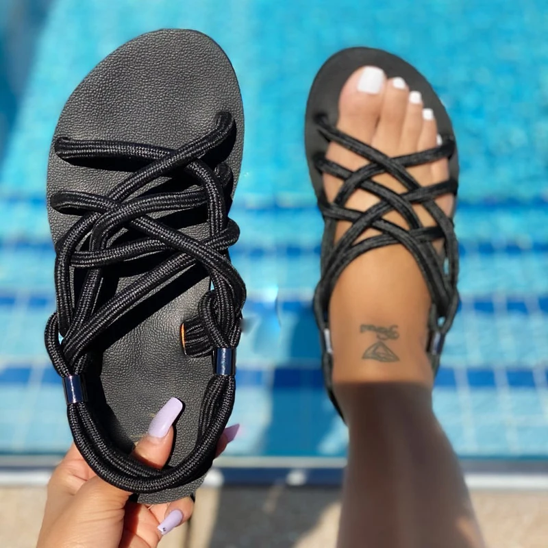 

2021 Summer New Flat Open Toe Sandals Fashion Solid Color Comfortable Outdoor Women's Shoes Plus Size 43