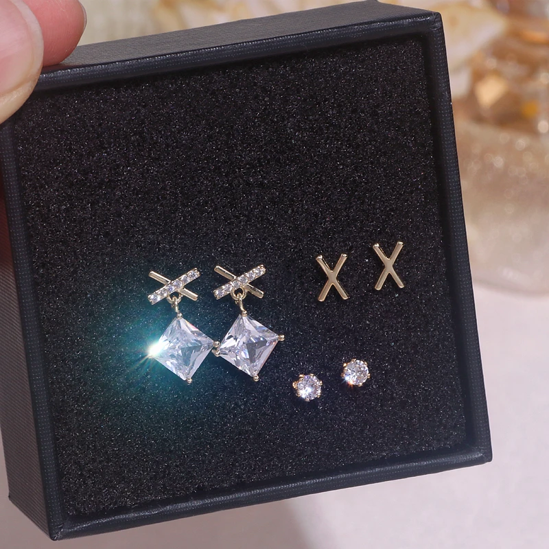 3 пары/компл. новые модные геометрические квадратные серьги с цирконом и камнем