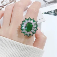 silver color adjustable opening rings for women trendy party jewelryfashion emerald green big zircon flower ring wedding gift