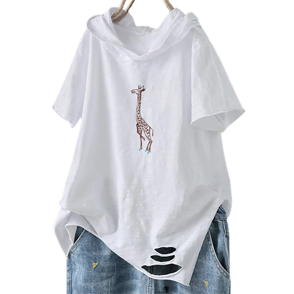 Hoodie women Street wear Casual Solid Color Short Sleeve Ripped Giraffe Print Loose Hoodie sweetshirts oversized fashion