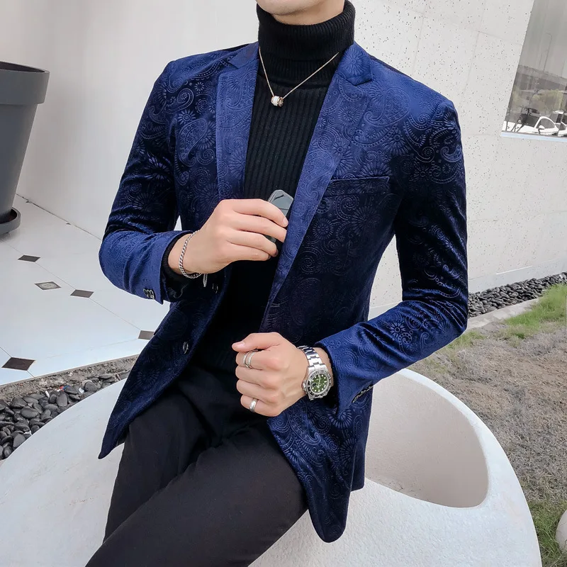 Модный блейзер с принтом Masculino синий приталенный мужской длинным рукавом деловой