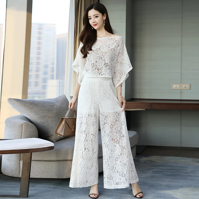 

Mother of The Bride Pant Suits Lace Tops Wide Leg Trousers Plus Size Women Pantsuits Formal Wedding Guest Wear 2 Two Piece Set