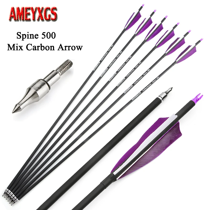 

6pcs 31.5inch Archery Carbon Arrow Spine 500 Purple-white Turkey Feathers For Compound Recurve Bow Hunting Shooting Accessories
