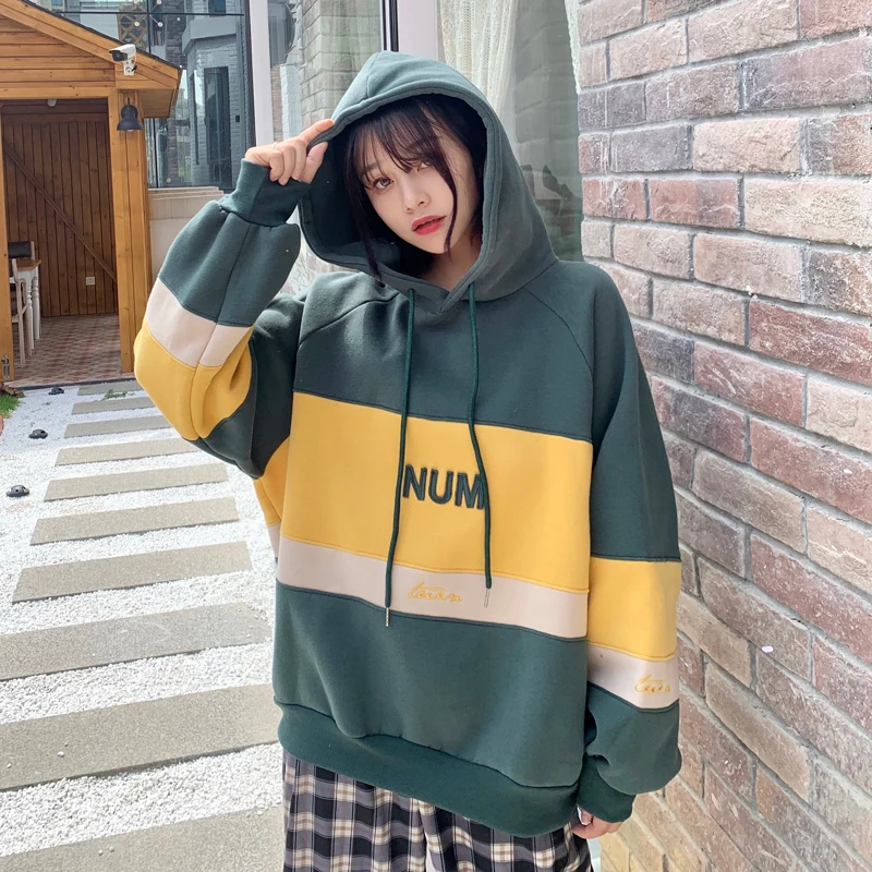 

Hoodies Women Thicker Plus Velvet Students Simple Patchwork Hooded Korean Style Harajuku Womens High Quality Trendy Oversize New