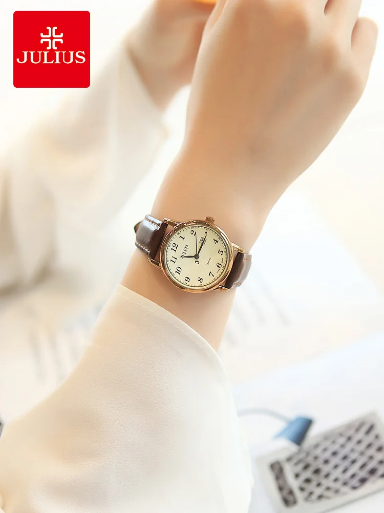 Top Julius Women's Watch Japan Quartz Hours Auto Date Fine Fashion Woman Clock Real Leather Strap Girl's Retro Birthday Gift Box |