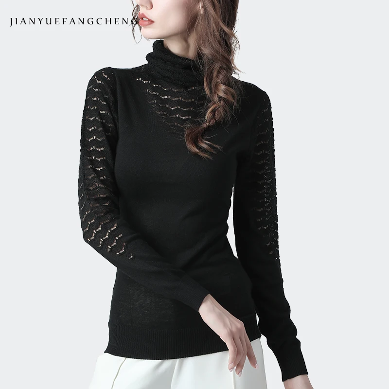 Sexy Skinny Womens Turtleneck Sweater Solid Long Sleeve Thin Knitted Top Hollow Out Female Inner Wear Pullovers | Женская одежда
