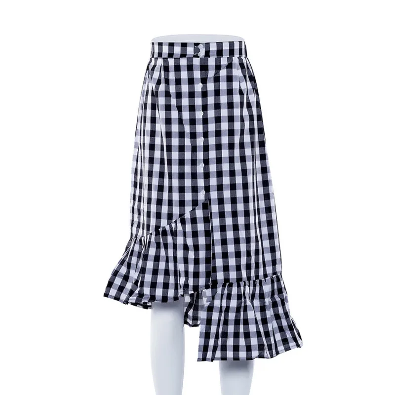 

Plaid Summer Button Ruffled Slit Irregular High Waist Mid-Calf Skirt Casual Skirt Stretch Ruffle Plaid Striped Pleated Skirt