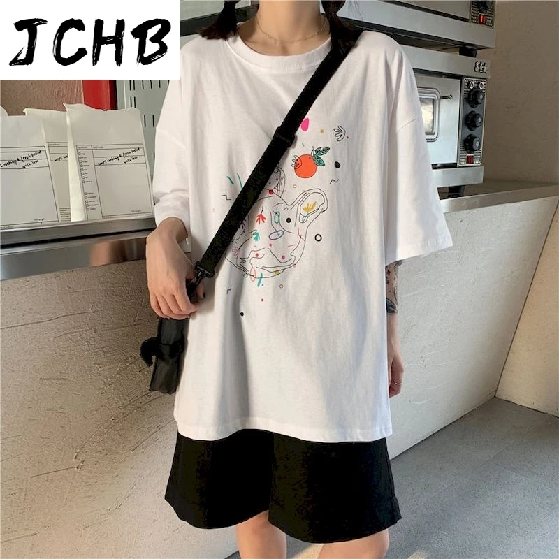 

2021 Funny Print Tshirts White t Shirt Street Kawaii Tshirt Summer Harajuku Plus Size Clothing Cotton Blouse Women O-neck Graphi